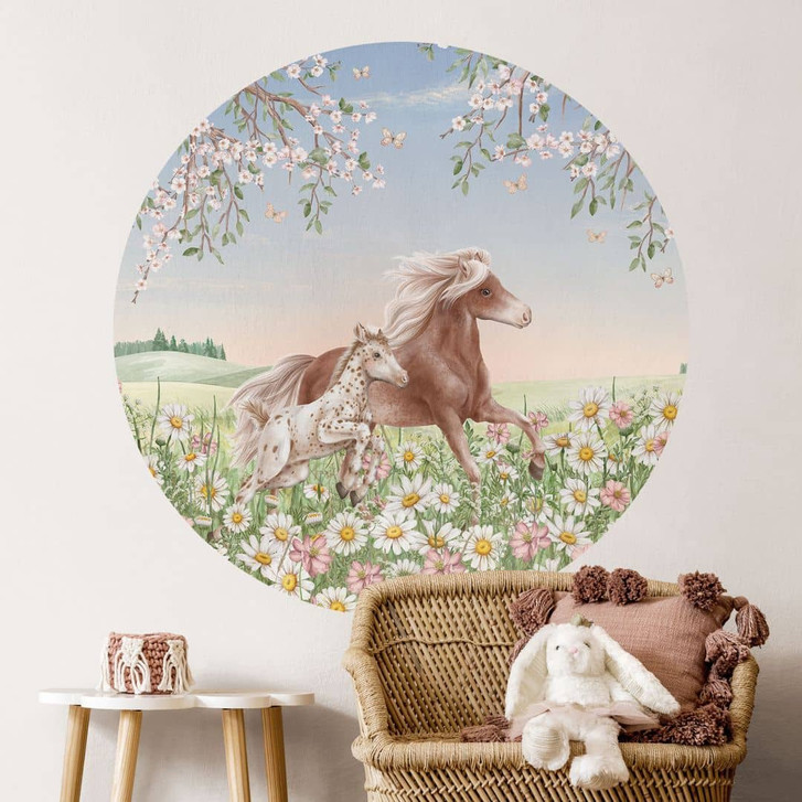 Kinderzimmer Wandtattoo Pferde auf der Blumenwiese - Kikki Belle - Rund - WA501093