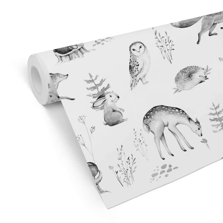 Mustertapete Kvilis - Tierfreunde im Wald - schwarz-weiss - WA300657