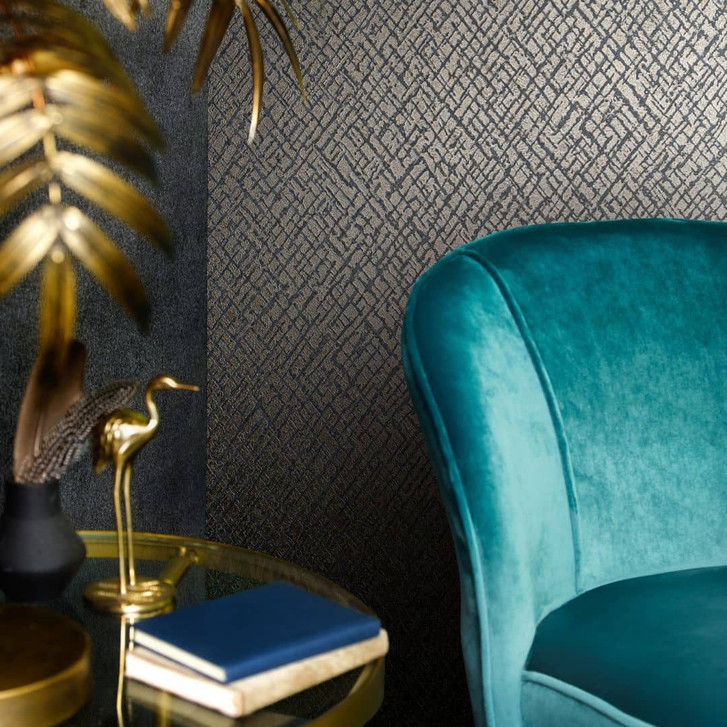 Vliestapete mit glänzendem Gitter Motiv anthrazit, gold Struktur - WA508866