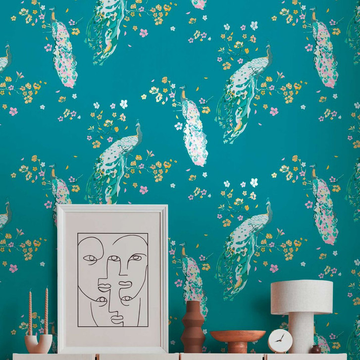Blumentapete mit Vögeln - Tapete Pfau Türkis Gelb - Florale Tapete Designer - WA506459