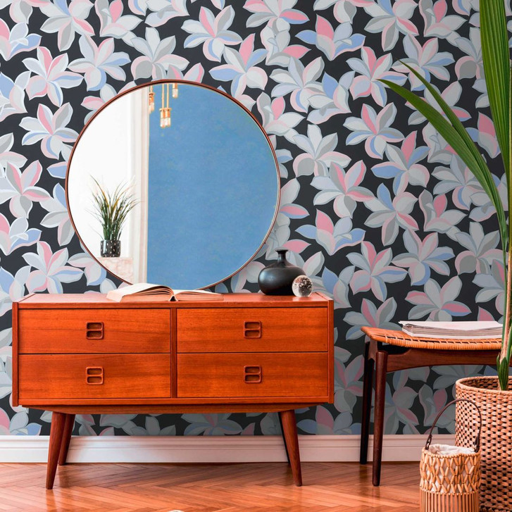 Blumentapete Schwarz Silber - Tapete Floral Hawaii - Designertapete Natur - WA395849