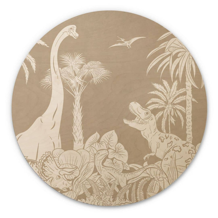 Holzbild Dinosaurier im wilden Dschungel - Braun - Kikki Belle - Rund - WA435589