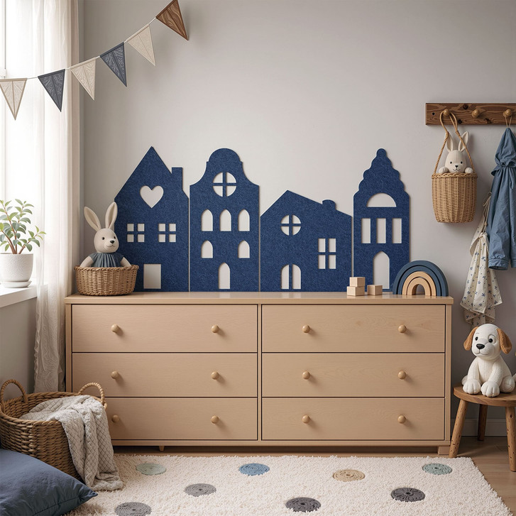 Wanddeko aus Filz - Häuser (4er Set - einfarbig) mit Akustikfunktion für das Kinderzimmer - WA512124
