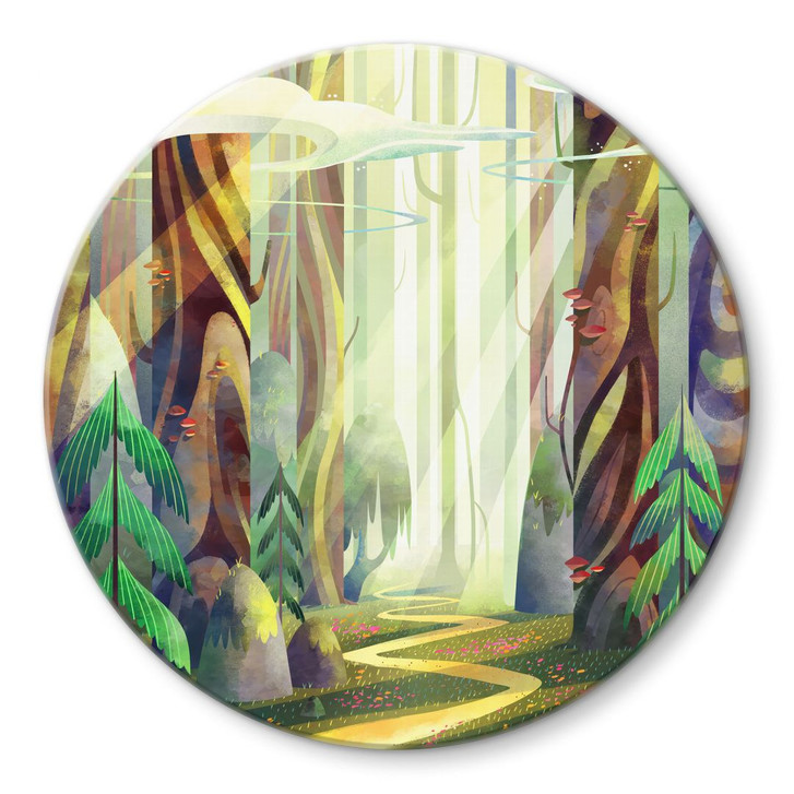 Glasbild Verwunschener Wald im Licht - DigitalArtsi - Rund - WA487245