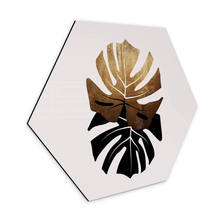 Hexagon - Alu-Dibond Kubistika - Schwarz-goldene Monstera Blätter - WA326667