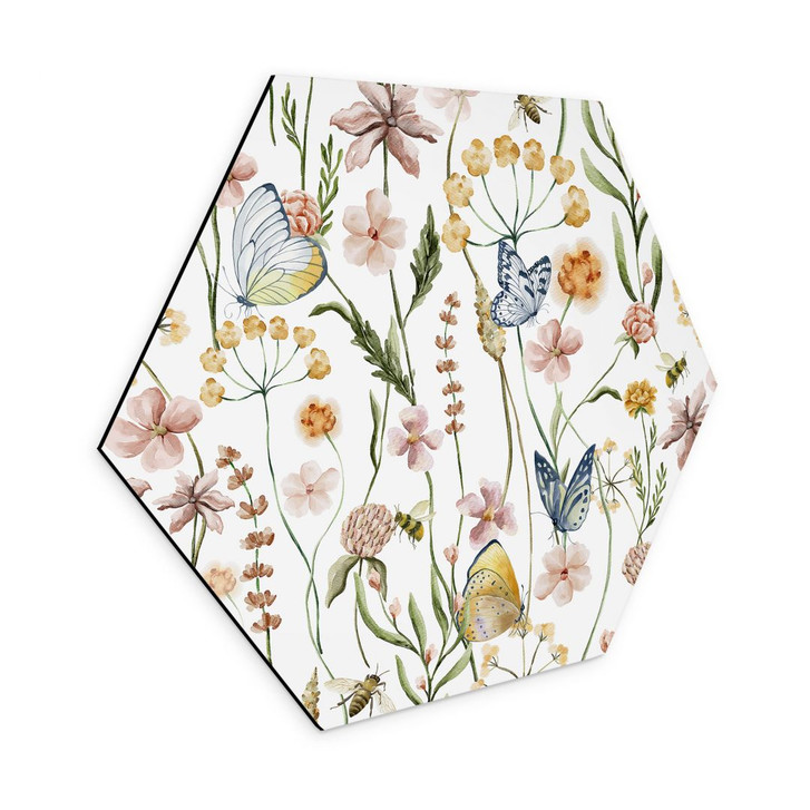 Hexagon Wandbild Frühlingswiese mit Schmetterlingen - UN Designs - Alu-Dibond - WA395023
