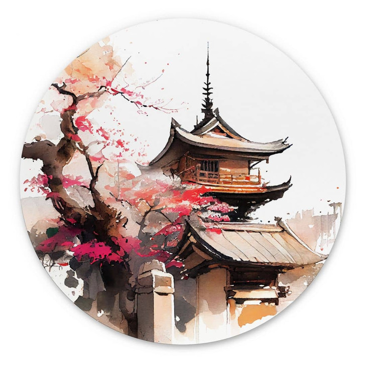 Wandbild Japanische Pagode mit Kirschblüten - Jaszke - Alu-Dibond - Rund - WA415788