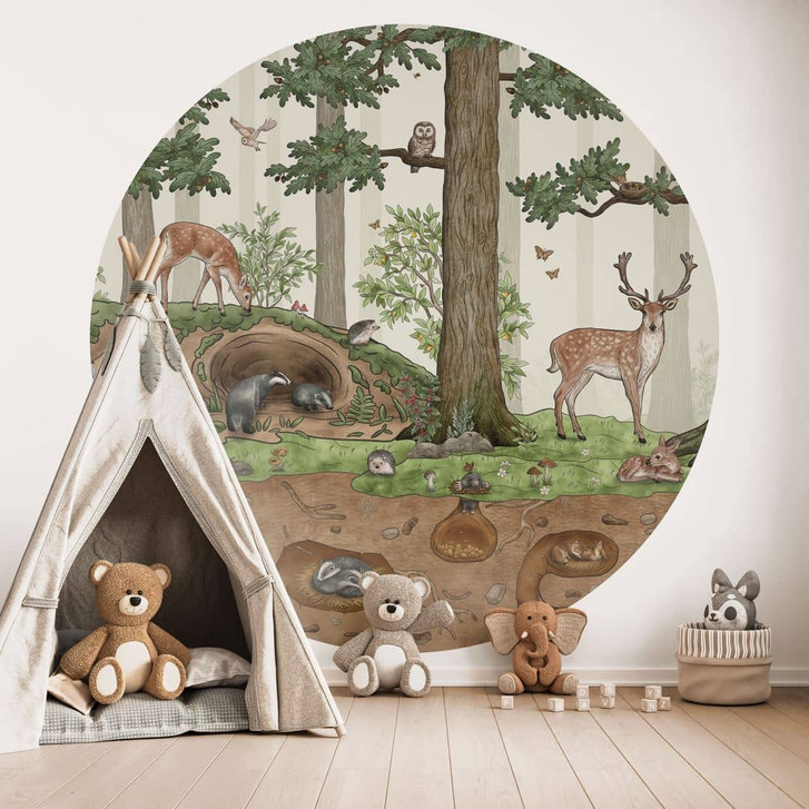 Kinderzimmer Fototapete Wimmelbild Waldtiere - Kikki Belle - Rund - Selbstklebend/Vlies - WA494680