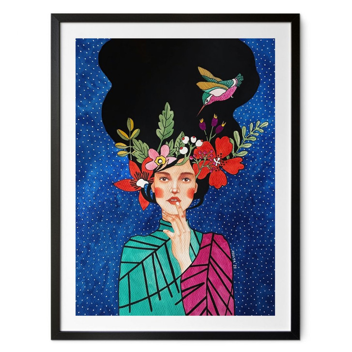 Poster Frau mit Kolibri in der Sternennacht - Hülya - WA498967