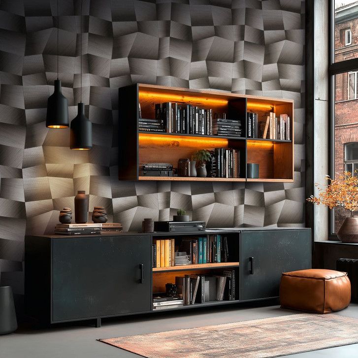 Vliestapete Damian Refined Dimensions 3D Geometrisch Grau Schwarz - Tapete metallic moderne - WA492824