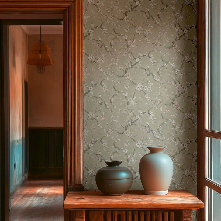Blütenzweig-Tapete Grün Weiss Rosa – Vliestapete mit Kirschblütenmotiv - WA465493