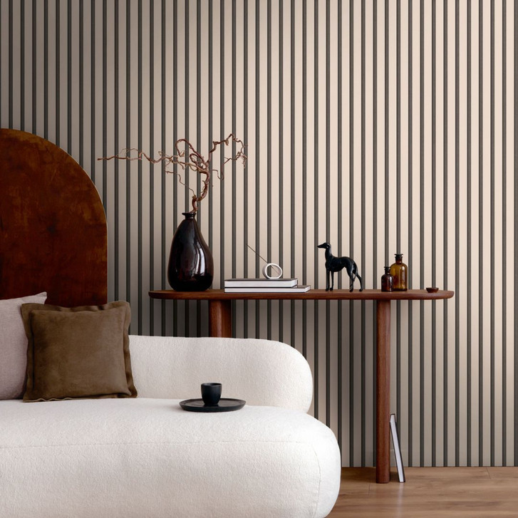 Tapete Greige Schwarz Matt - Streifen Vliestapete in moderner skandi Holz-Paneel-Optik - WA431710