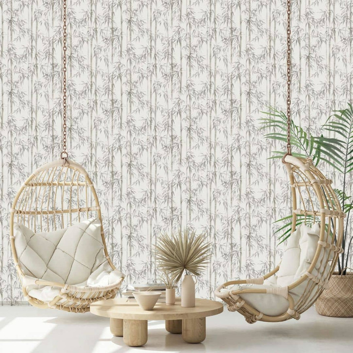 Vliestapete in grau Bambus Blätter Floral Natur - WA446017
