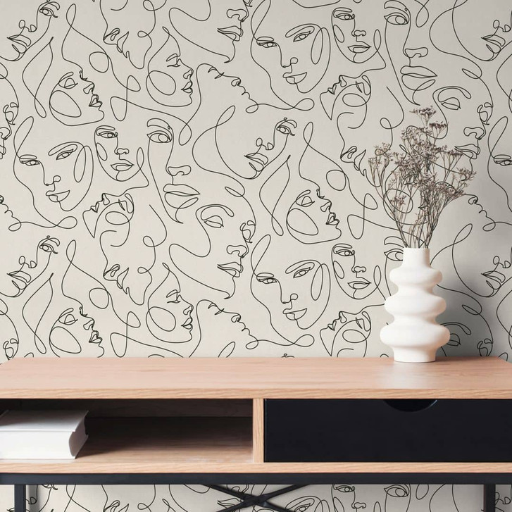 Gesichter-Tapete Line-Art Creme Schwarz - Vliestapete modern abstrakt Kunst - WA509590