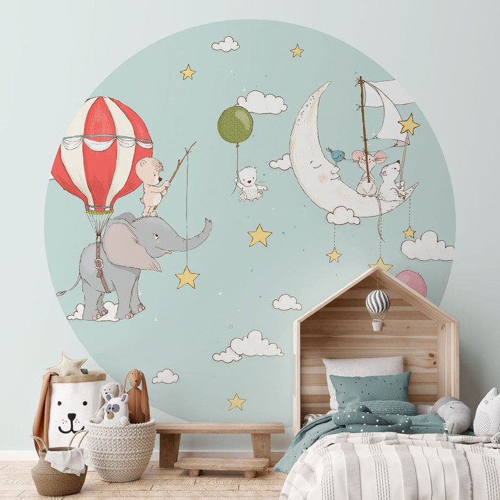 Kinderzimmer Fototapete Fliegende Tiere mit Heissluftballon - Skellern - Rund - Selbstklebend/Vlies - WA468118