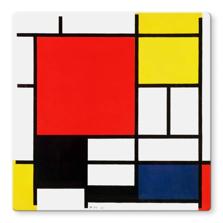 Glasbild Mondrian - Komposition mit Rot Gelb Blau und Schwarz - Quadratisch - WA326390