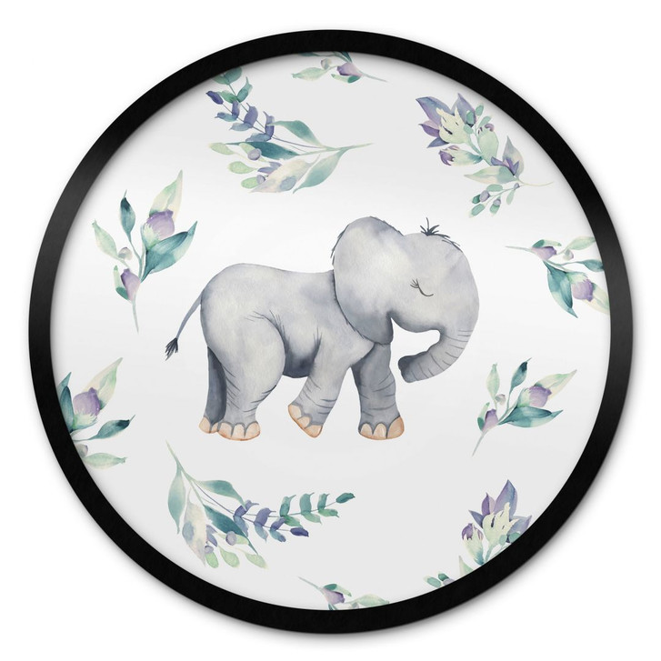 Poster Niedlicher Babyelefant zwischen Boho-Zweigen - UN Designs - Rund - WA409149