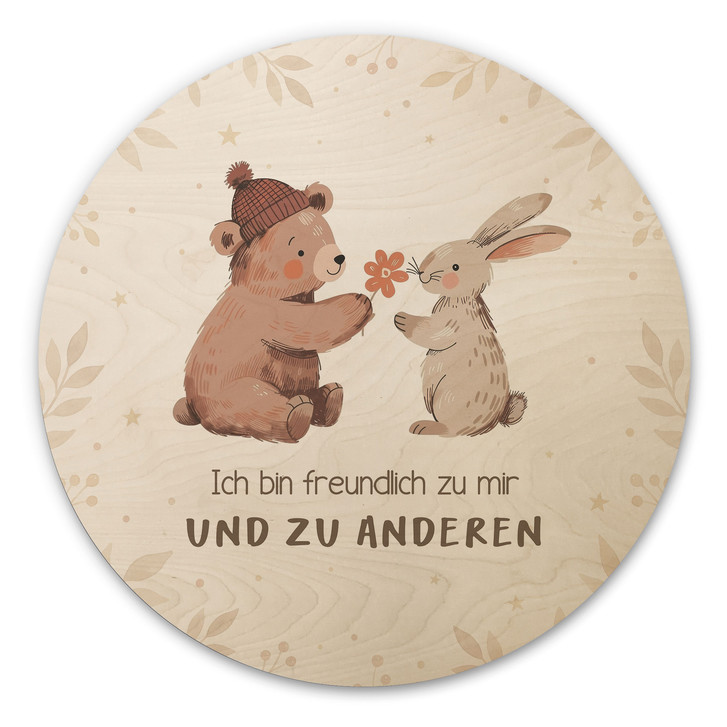 Rundes Holzbild mit Bär und Hase - 
