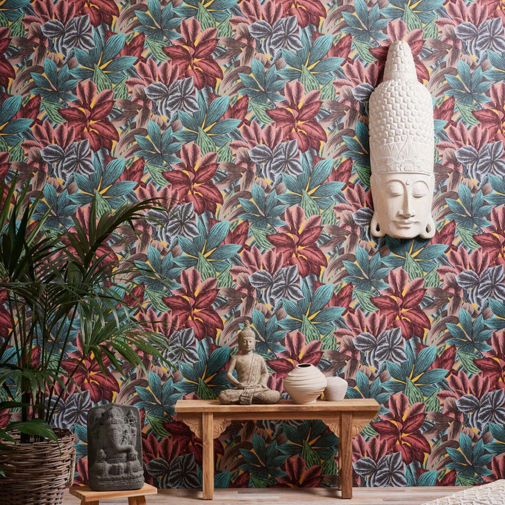 Tapete Palmen Dschungel Rot Gelb Vliestapete Blätter Wandtapete Wohnzimmer - WA382308