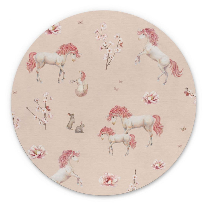 Rundes Wandbild Verzauberte Einhörner mit Kirschblüten - Alu-Dibond - Kikki Belle - WA431690