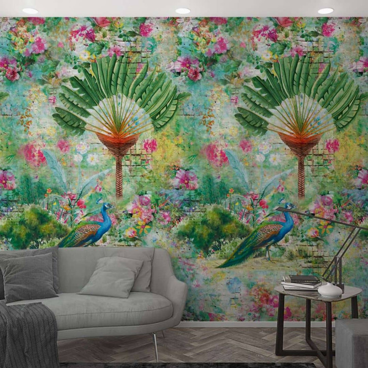Fototapete mit Blumen und Pfau Grün, Rosa ,Steinoptik 2.70 x 1.59 m - WA448990