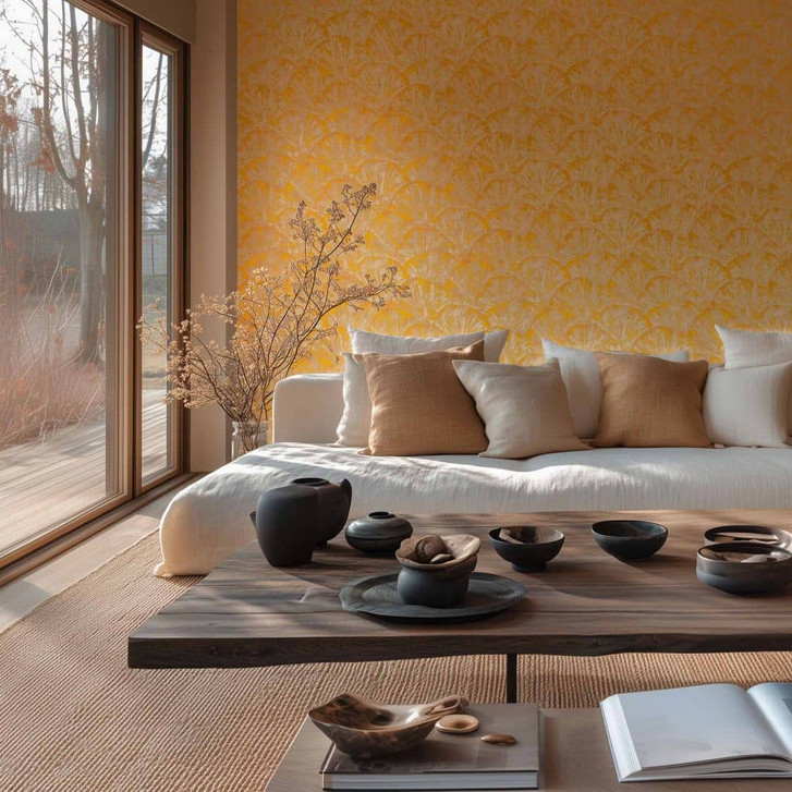 Struktur-Tapete mit Fächermuster Gelb Beige – Vliestapete lebendig glänzend - WA465490