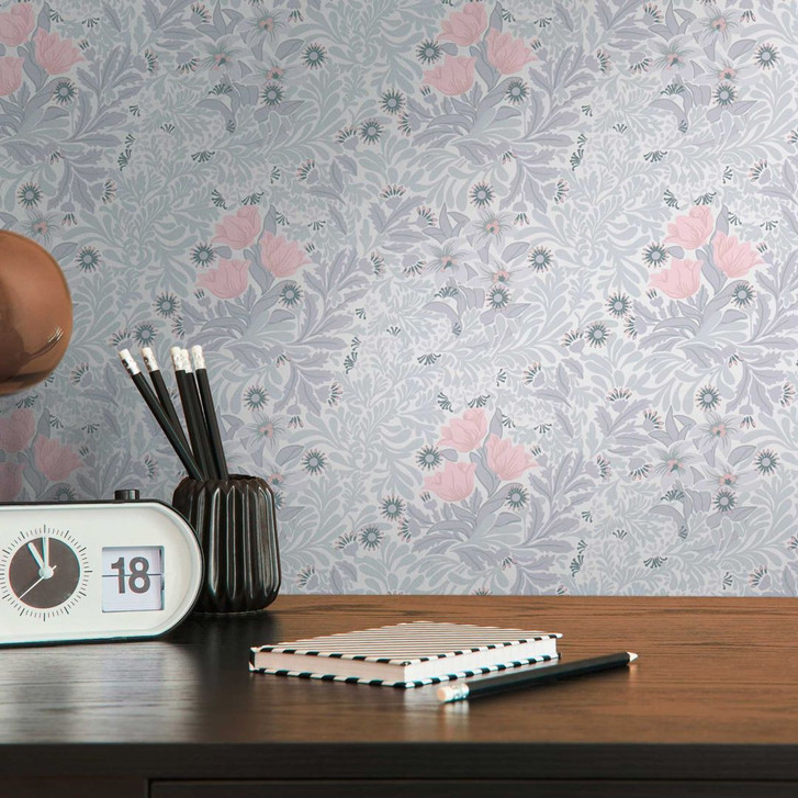 Florale Mustertapete Weiss Rosa - Tapete mit Blumen und Blättern - WA396197