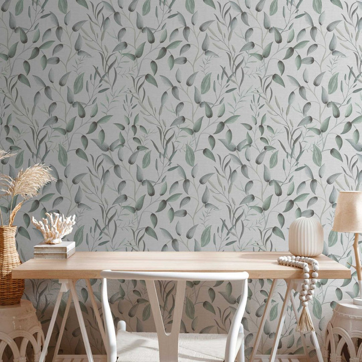 Florale Tapete Blätter Aquarell - Vliestapete in Grün Grau Weiss - Pflanzen-Tapete - WA458792
