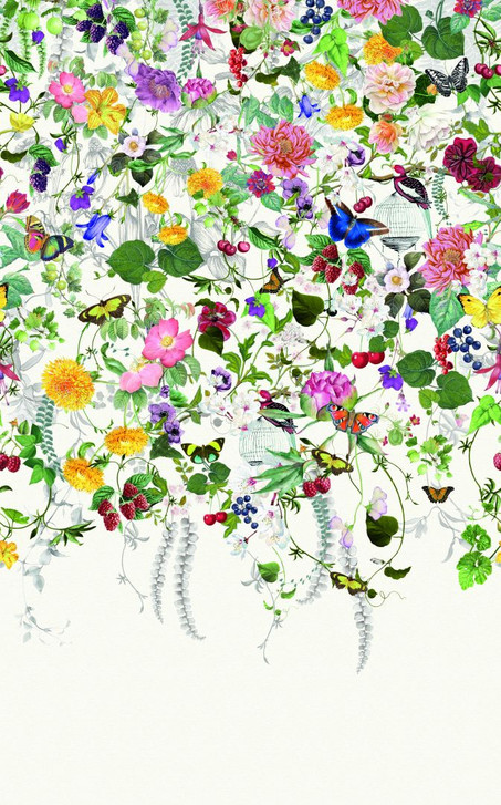 Fototapete Wandtapete mit Motiv Bunte Blumenwiese mit Schmetterlingen und Vögeln 3.4 x 2.12 m - WA505276