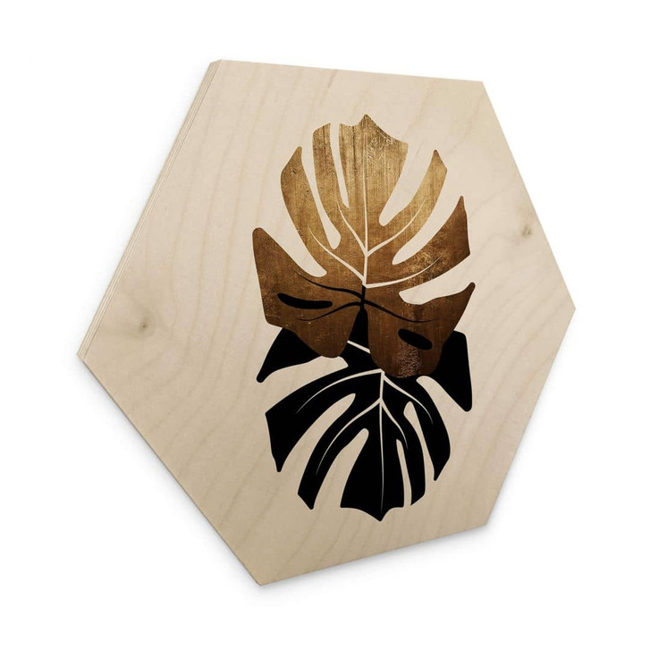 Hexagon - Holz Kubistika - Schwarz-goldene Monstera Blätter - WA326850