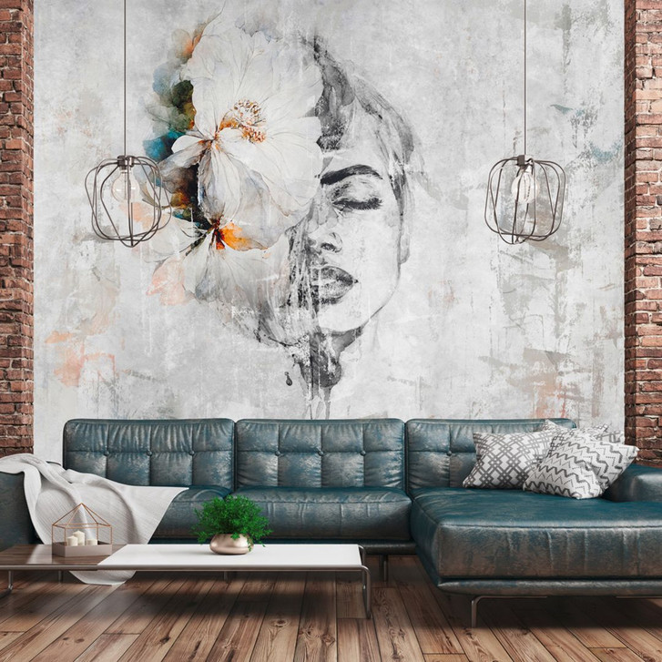 Kunst-Fototapete Frau Blume Grau Bunt – Vliestapete 3.75 m x 2.50 m modern kreativ - WA504983