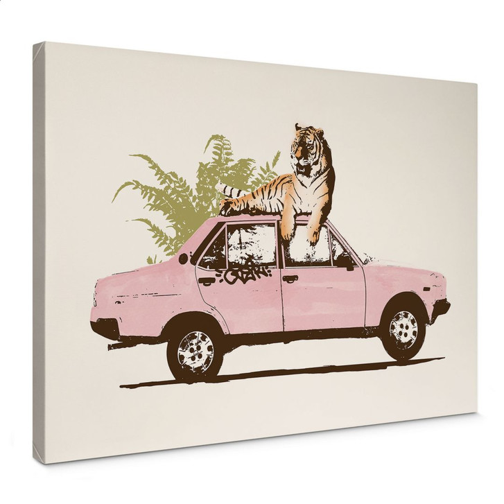 Leinwandbild Tiger auf rosa Auto - Bodart - WA402738