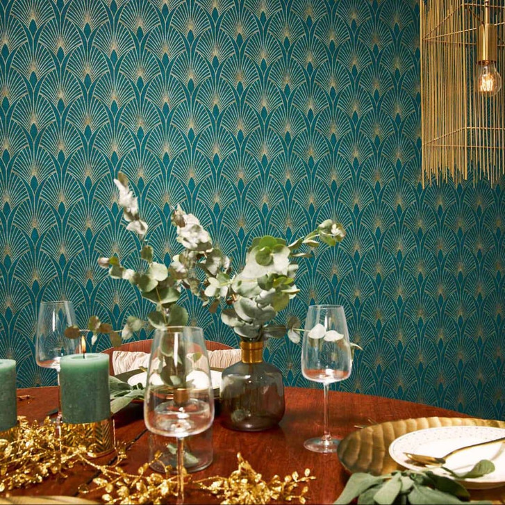 Livingwalls Vliestapete New Walls 50's Glam Art Deco Tapete blau, grün, metallic - WA289414