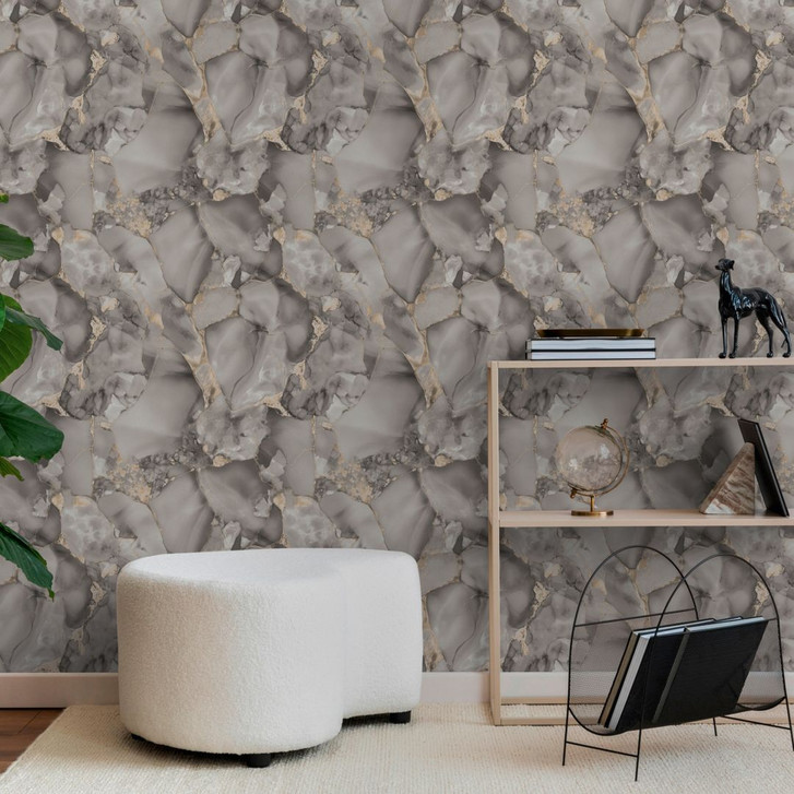 Marmor-Tapete Grau Beige Gold - Vliestapete mit Metallic-Akzenten modern - WA509548