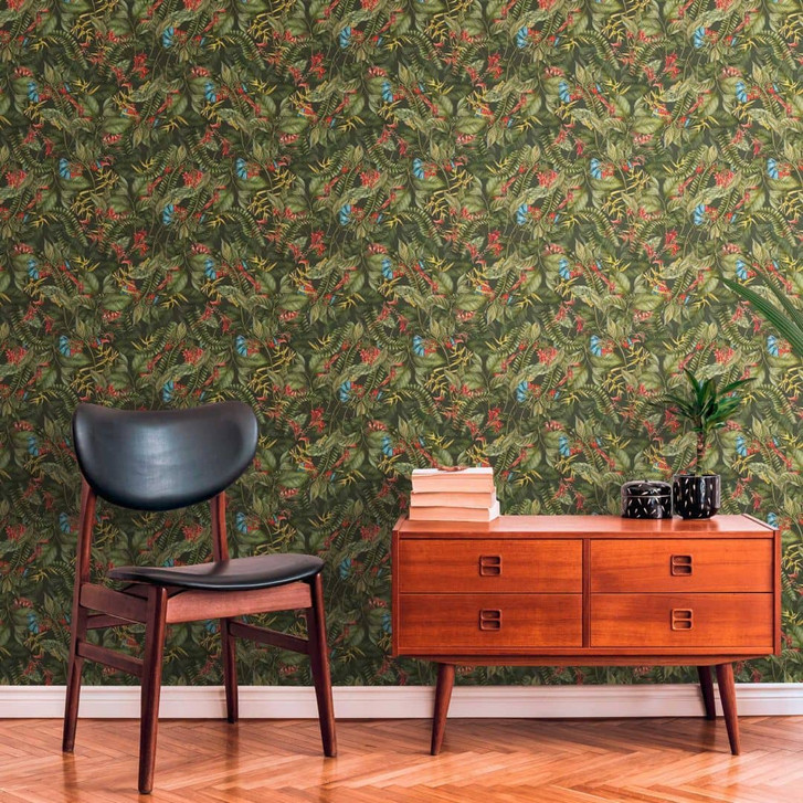 Tapete mit Dschungel-Motiv Grün - Vliestapete mit Blüten in Rot Blau - WA396753