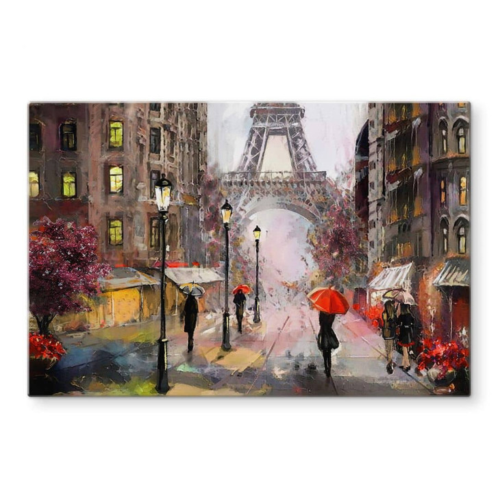 Glasbild Roter Schirm in Paris Aquarell - WA315368