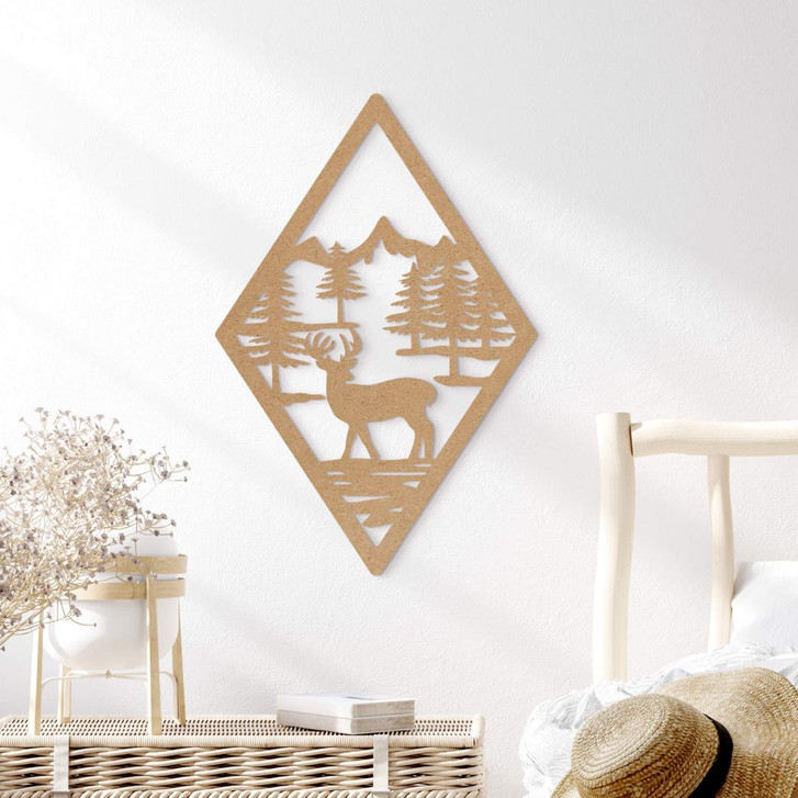 Holzdeko Hirsch im Wald in Rautenform - MDF Natur - WA405660
