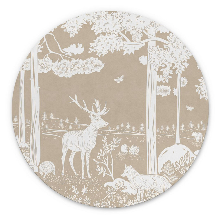 Rundes Wandbild Herbstlicher Wald mit Hirschen und Füchsen - Braun - Kikki Belle - Alu-Dibond - WA436856
