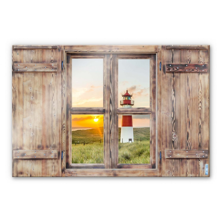 Glasbild 3D Holzfenster - Leuchtturm auf Sylt - WA231882