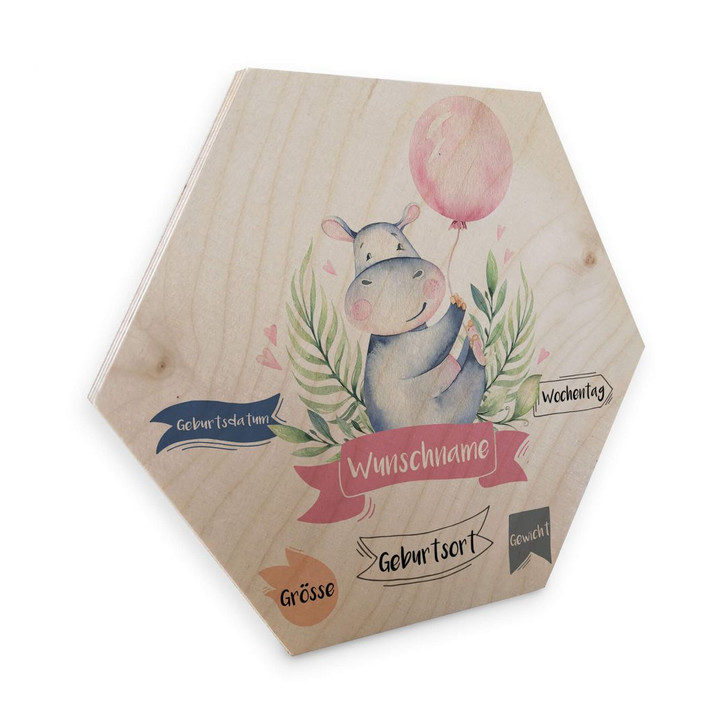 Hexagon - Holz Kvilis - Flusspferd rosa Luftballon & Wunschtext - WA299693