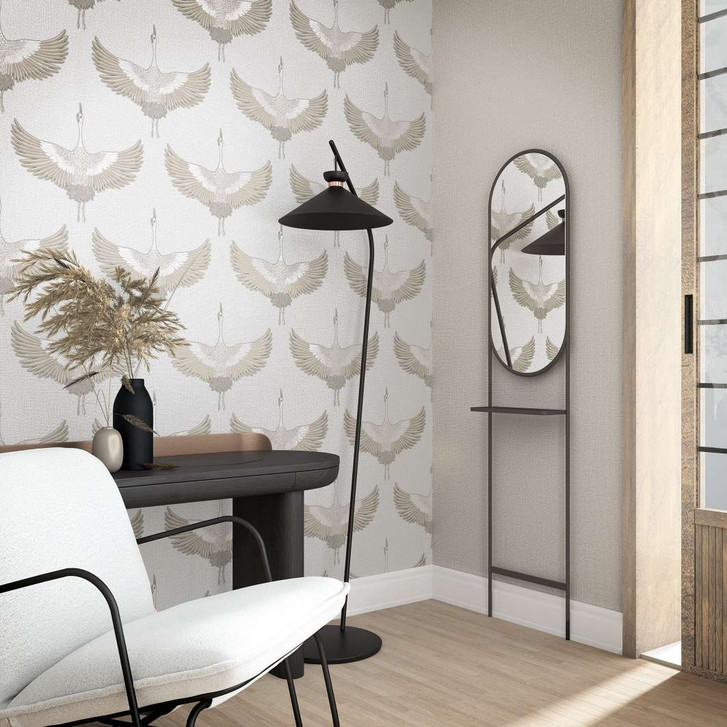 Vliestapete mit Kranichen weiss, beige Grafisch - WA445145