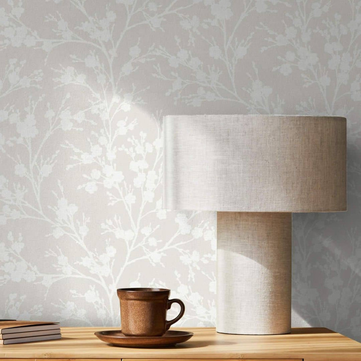 Vliestapete mit leicht glänzendem Blattmotiv grau, beige Floral - WA451271