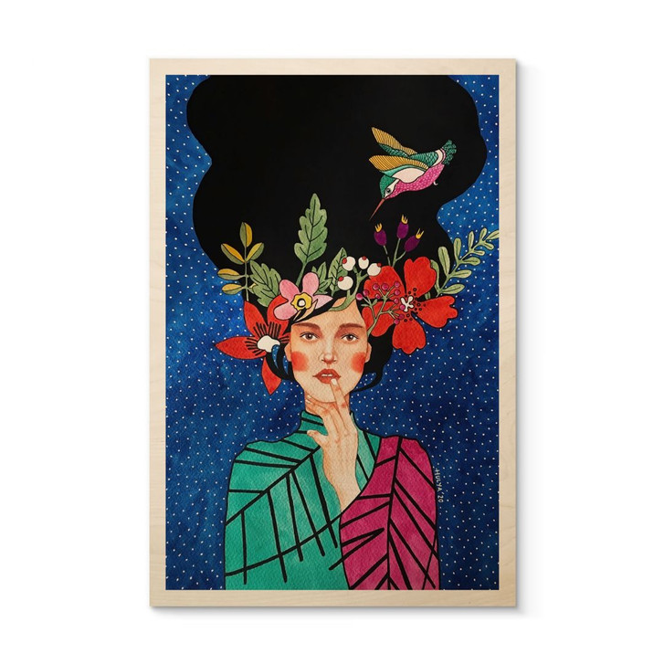 Holzbild Frau mit Kolibri in der Sternennacht - Hülya - WA495767