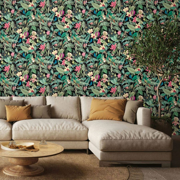 Vliestapete in schwarz, grün Blätter Blumen Floral Natur - WA446037