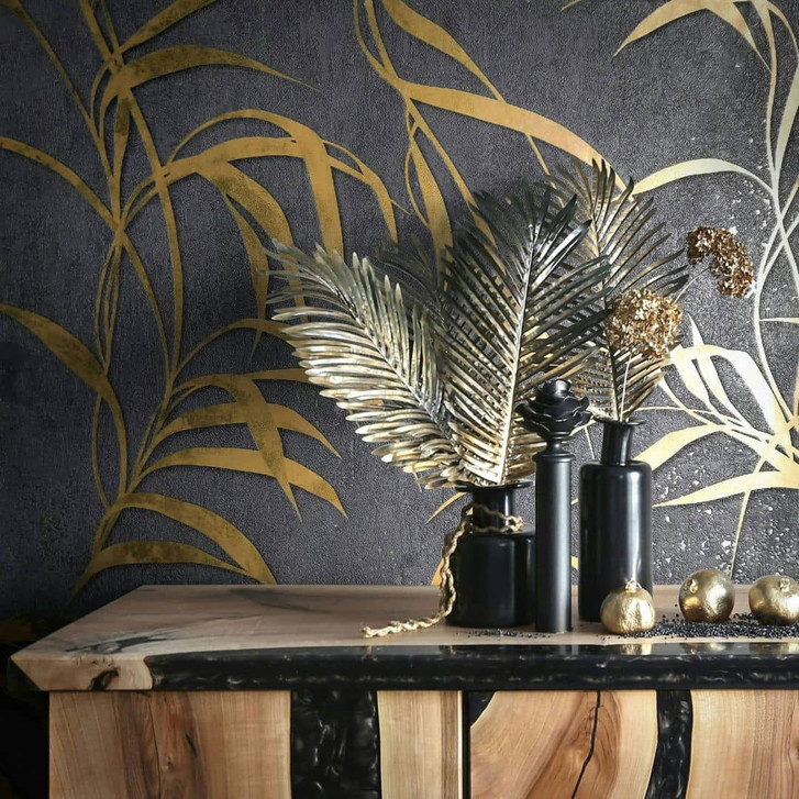Vliestapete mit Blättern in Betonoptik schwarz Floral - WA508034