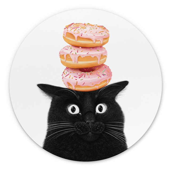 Wandbild Schwarze Katze mit pinken Donuts - Korenkova - Alu-Dibond Rund - WA517333