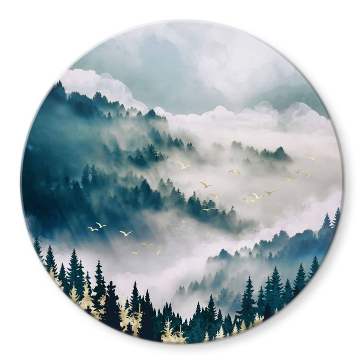 Glasbild Geheimnisvoller Nebel im Wald - SpaceFrog Designs - Rund - WA424850