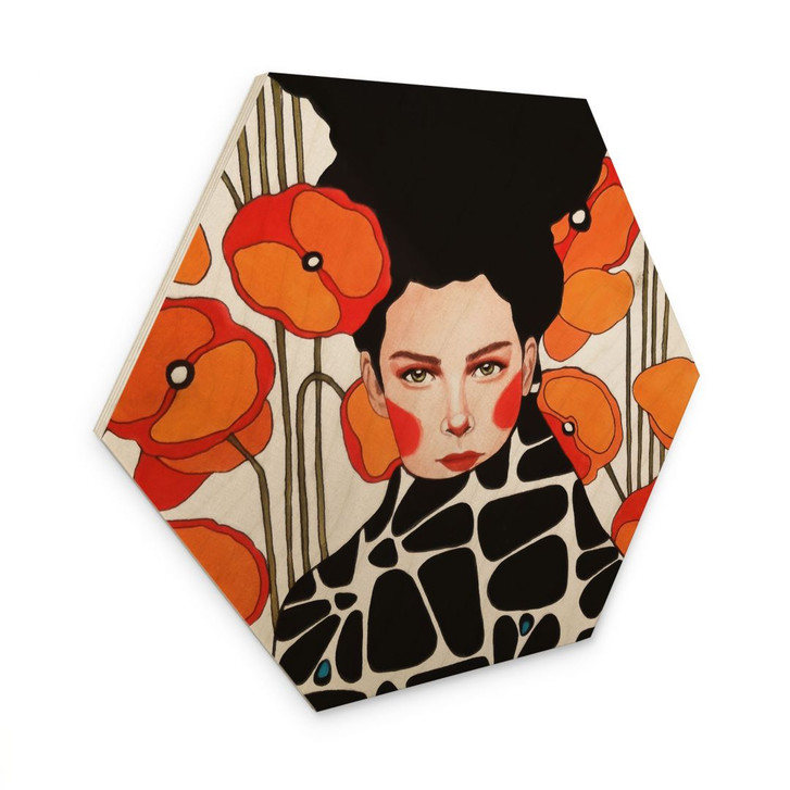 Hexagon Holzbild Frau mit Retro-Mohnblumen - Hülya - WA495500
