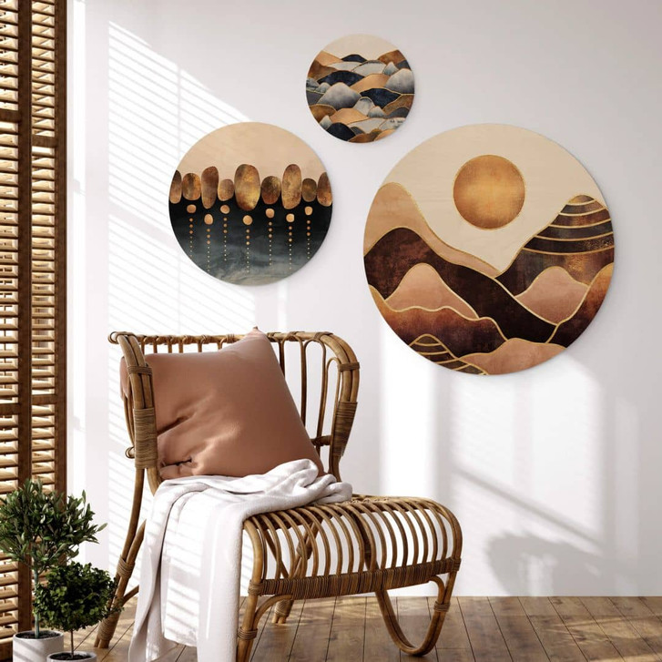 Holzbild Fredriksson - Goldene Berge Set - Rund (3-teilig) - WA346283