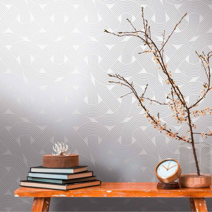 Vliestapete im Art-Deco Style Weiss Silber - Grafik-Tapete mit Linienmuster - WA396481